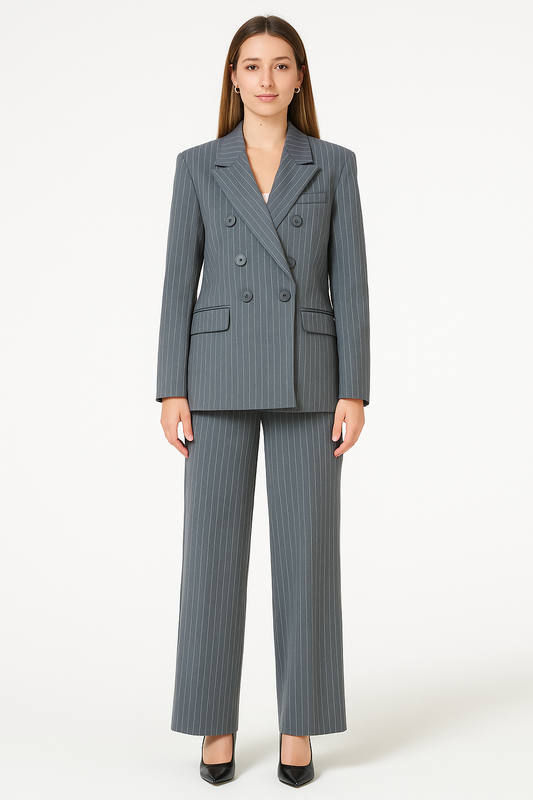 Woman wearing a gray pinstripe suit on a white background