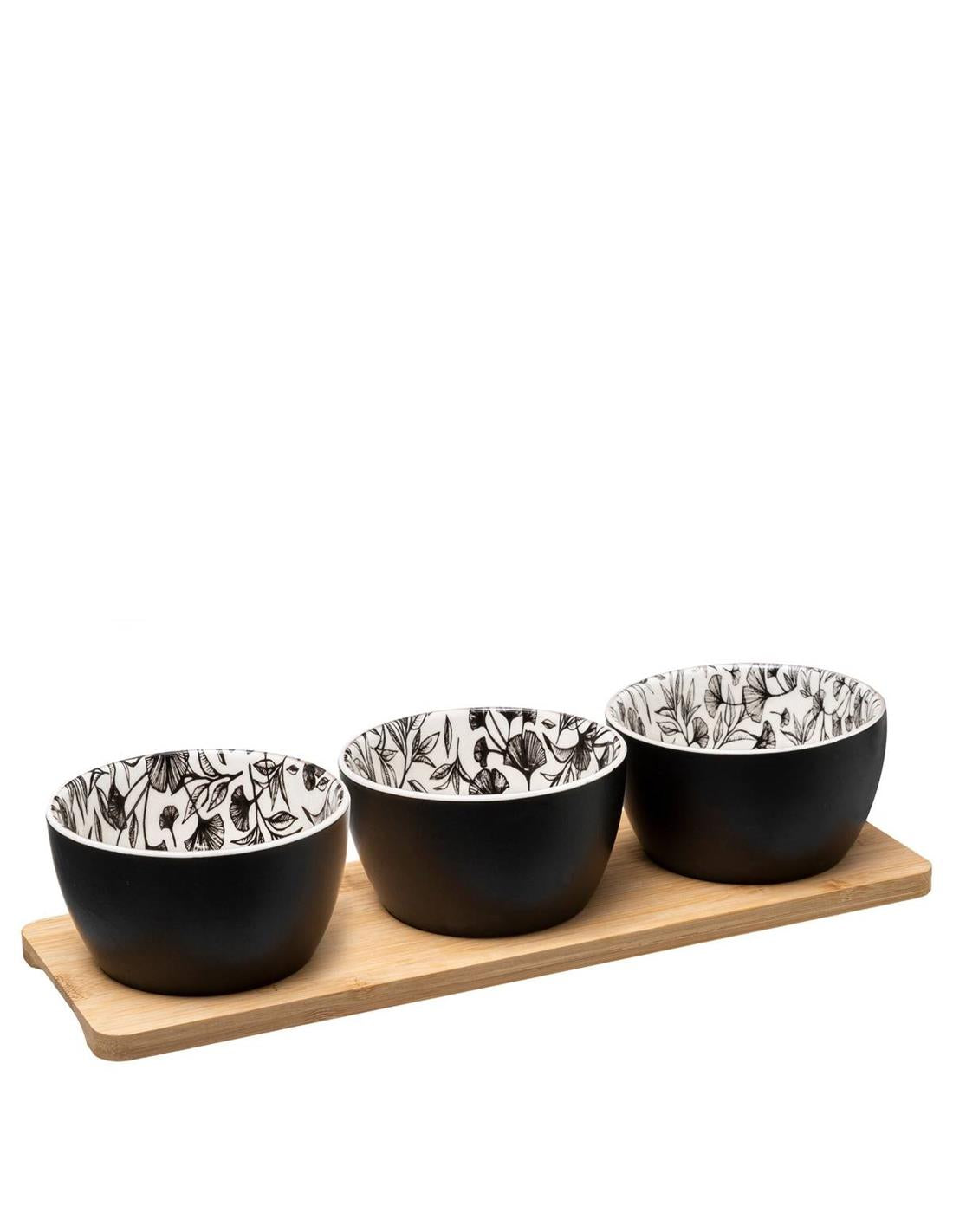 Black Serving Set with 3 Bowls on Bamboo Base 42x14cm