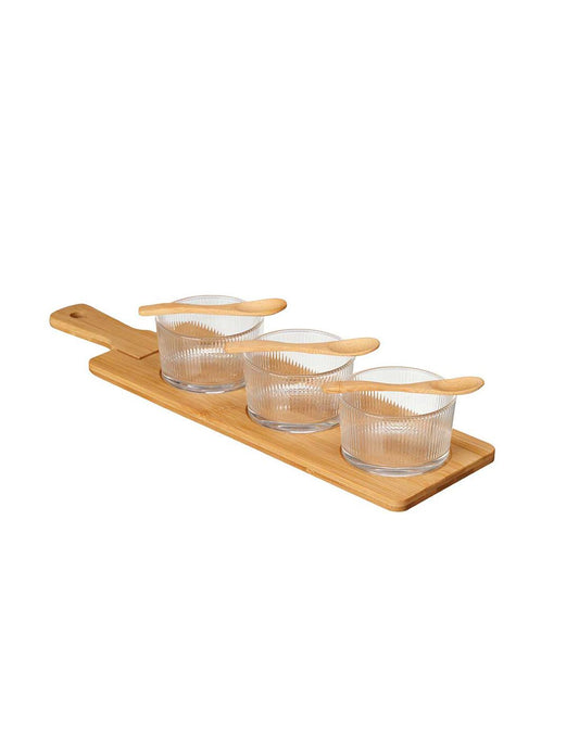 3 Glass Serving Bowls on Bamboo Base Set, 6.5 x 46 x 13 cm