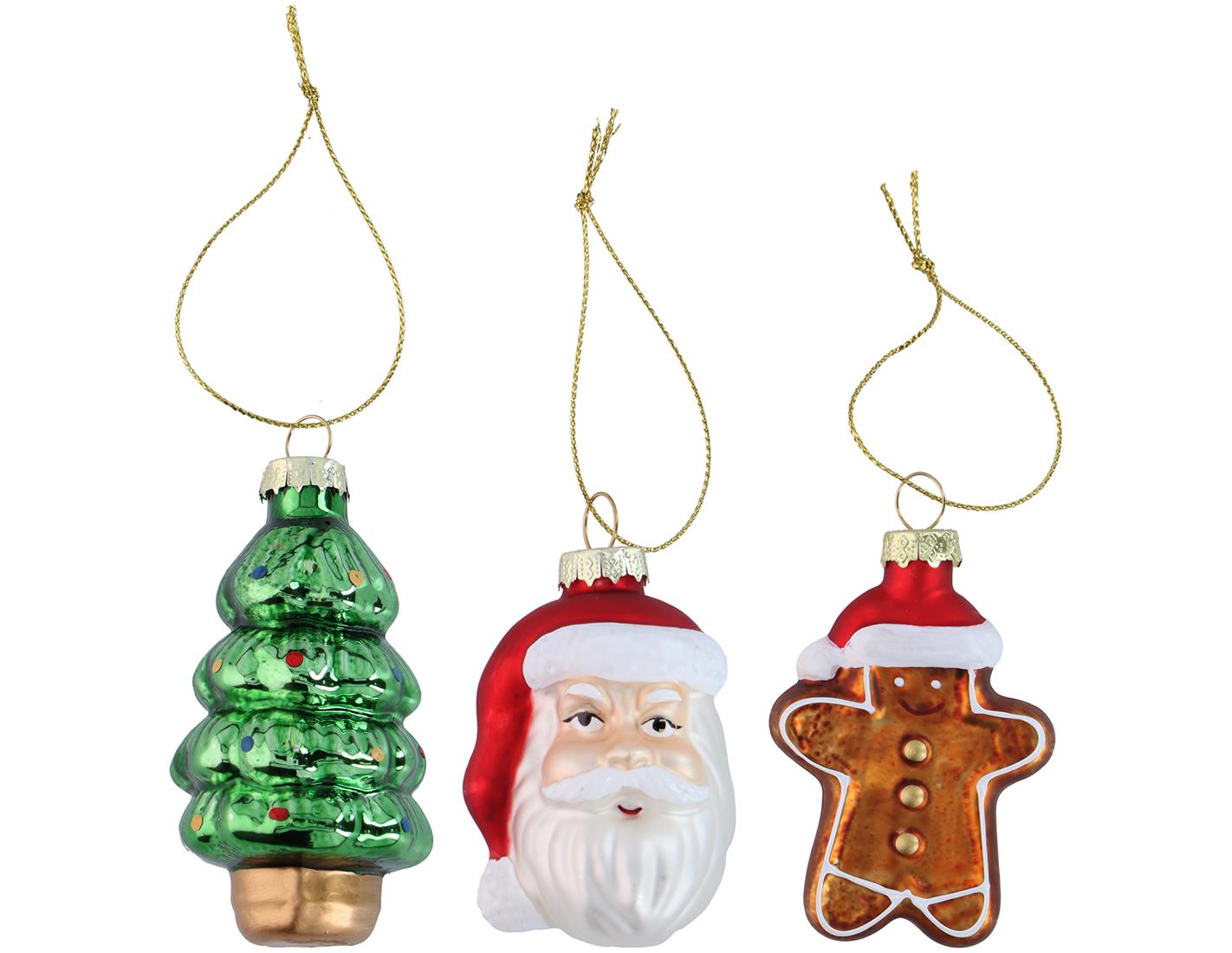 Set of 3 Glass Christmas Ornaments – Santa, Tree & Gingerbread Man