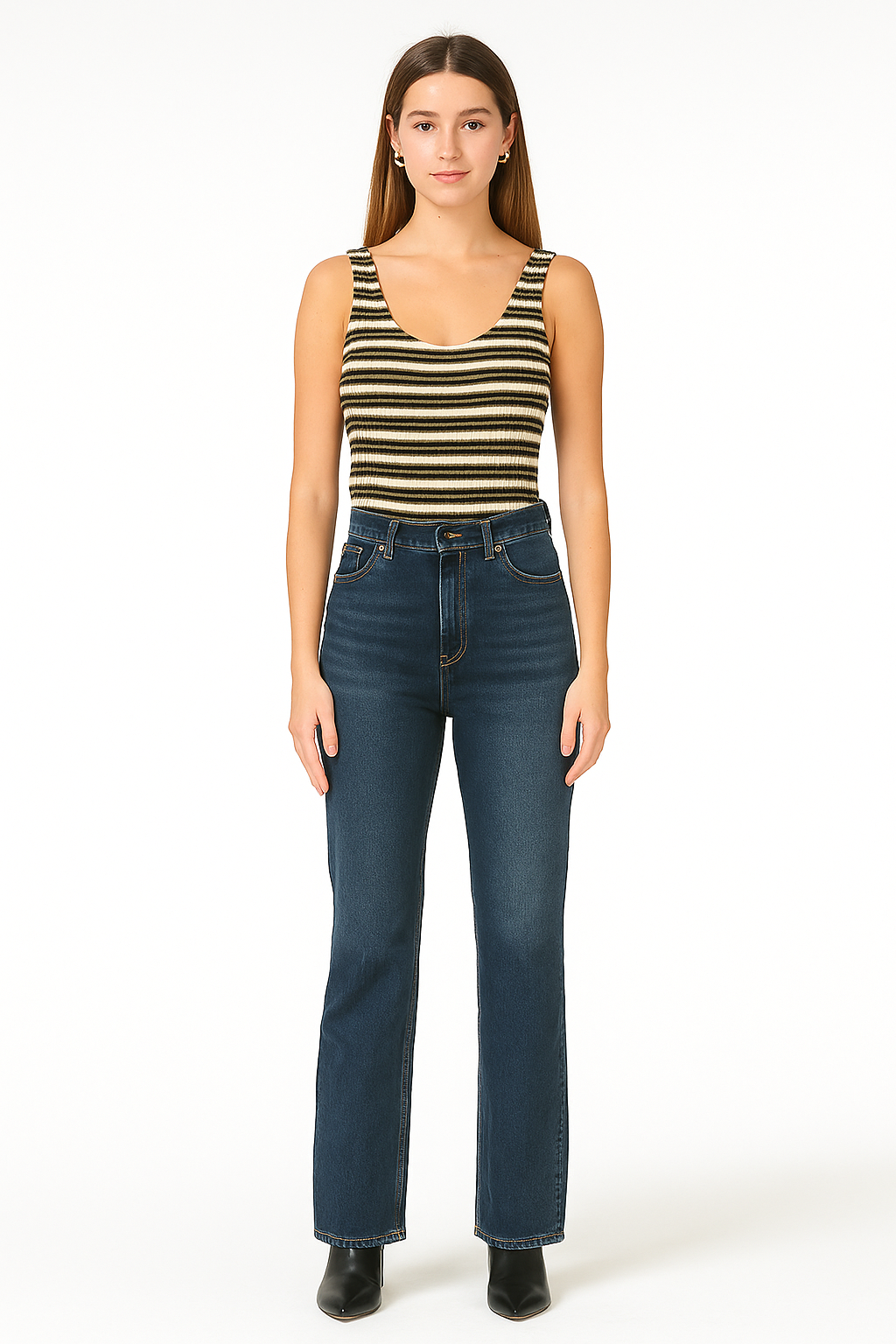 Woman wearing a striped tank top and blue jeans on a white background