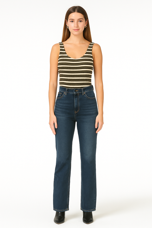Woman wearing a striped tank top and blue jeans on a white background