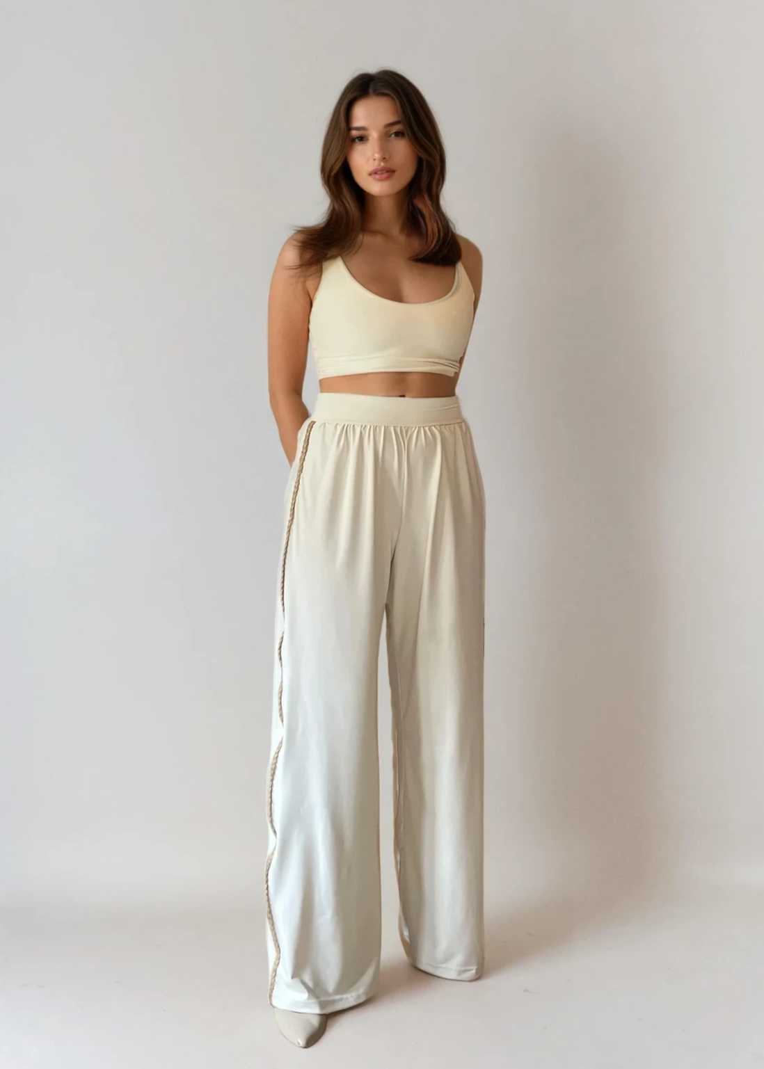 Gali Ecru Crop Top and Wide Leg Trousers Set
