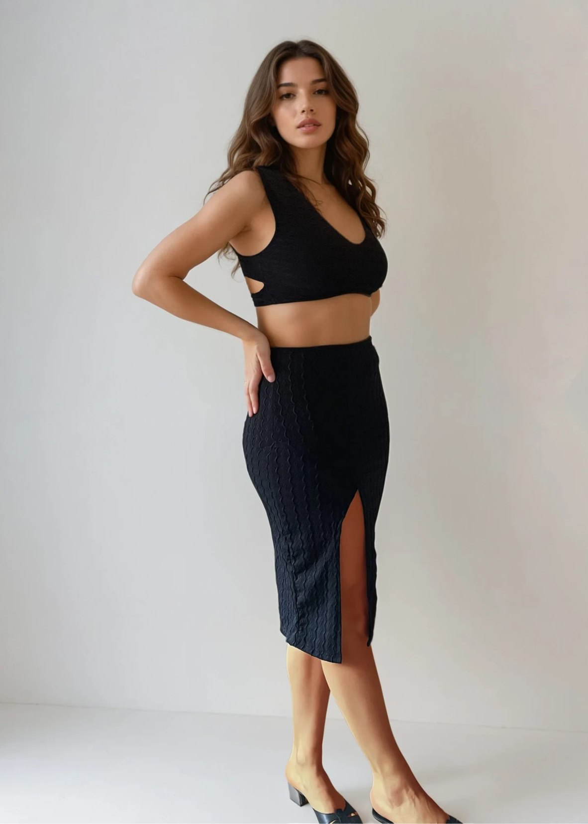 Nerida Black Crop Top and Skirt Set