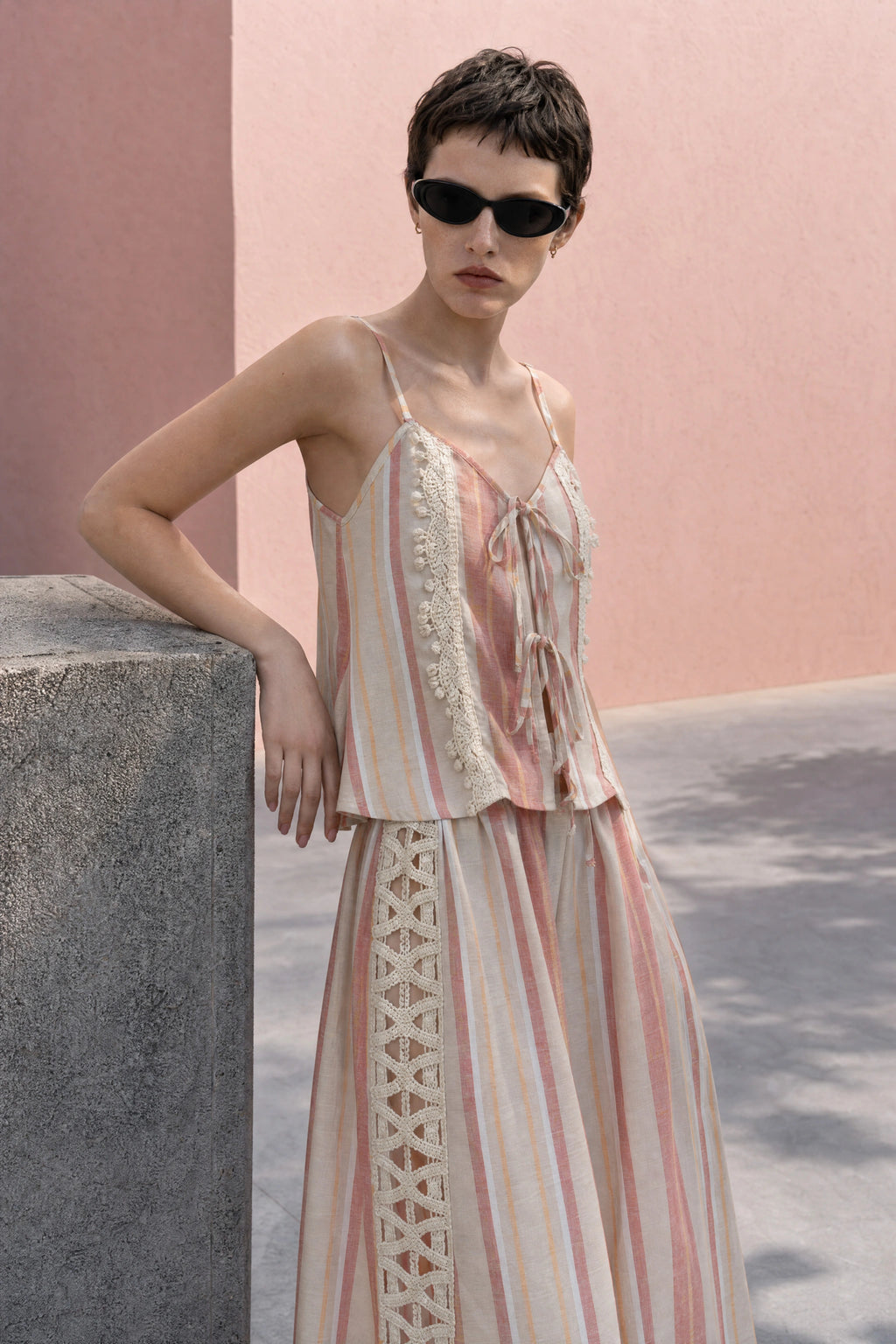 Blush Stripe Crochet Lace Cami Top & Palazzo Pants Co-ord Set | Lumina